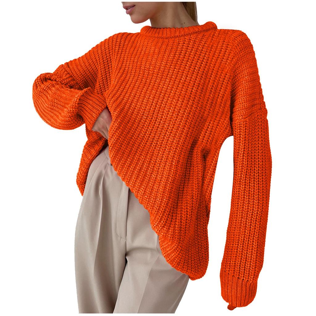 Fashion Women's Solid Color Long Sleeve Loose Round Neck Knitted Sweater Top