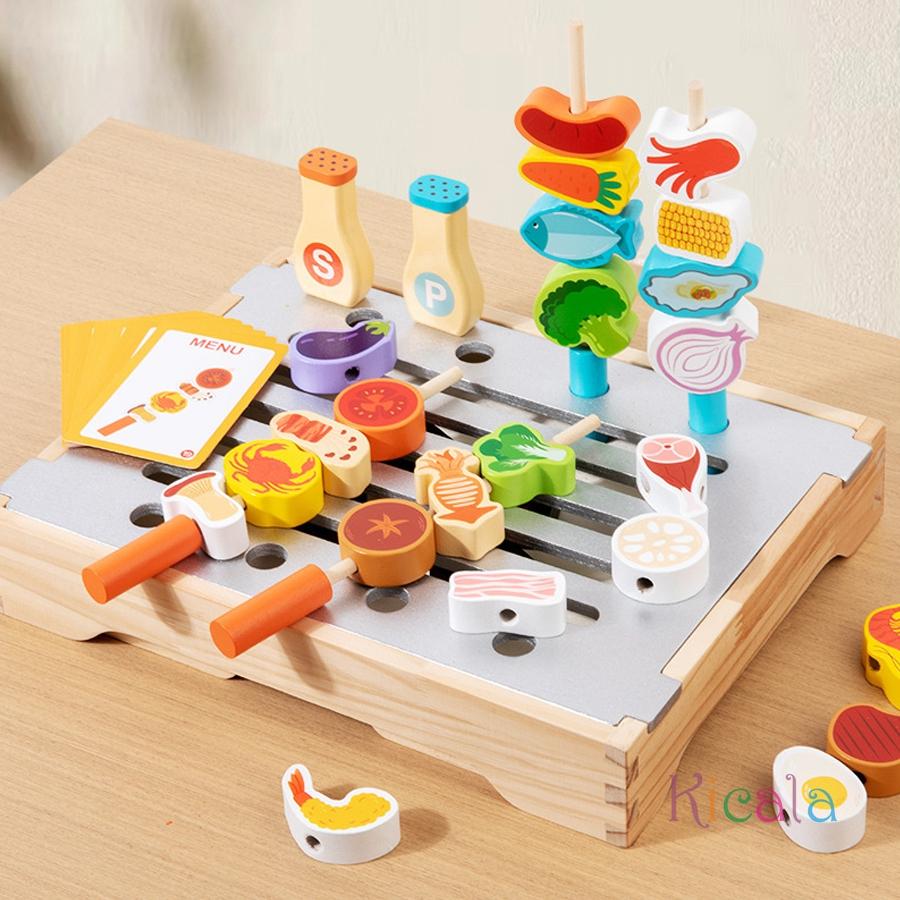 Wooden BBQ Play Food Set Kids Grill Playset Kitchen Pretend Play Toys Children Role-playing Game For Toddlers Age 3+