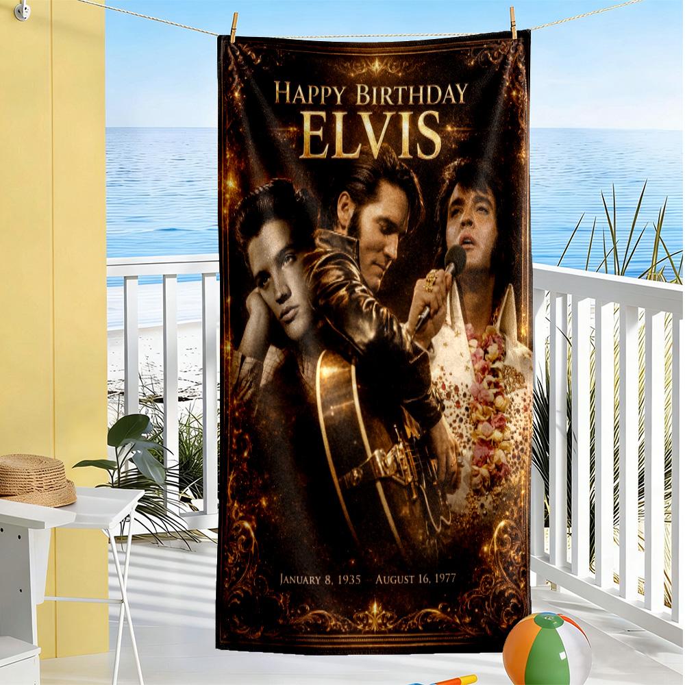 Golden Elvis Anniversary Beach Towel Super Soft Microfiber Quickdry Fabric Comfortable Lightweight