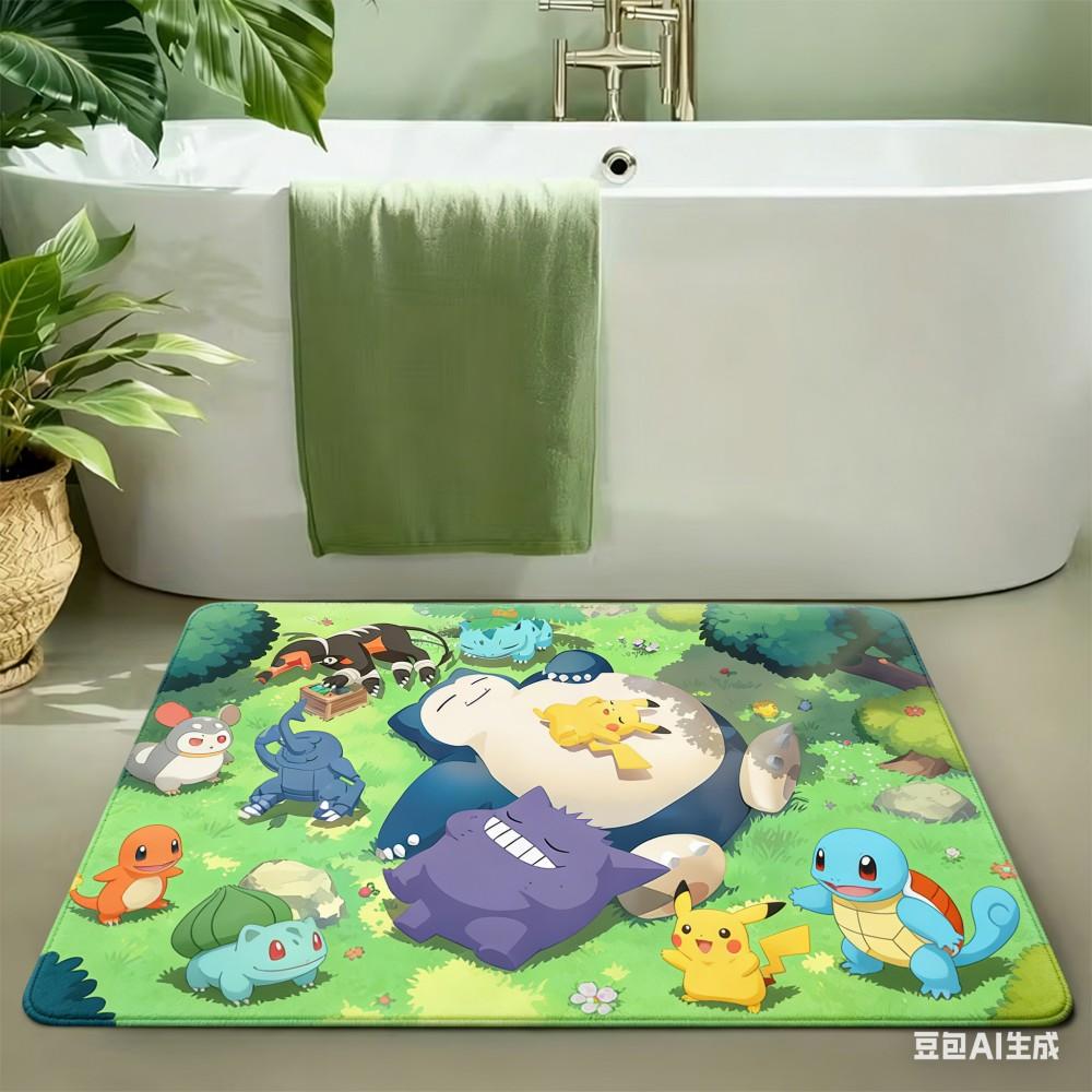 Pokemon Snorlax Pikachu Gengar Sleepy Grassland Non-Slip Rubber Base Washable Cloth Surface Floor Mat