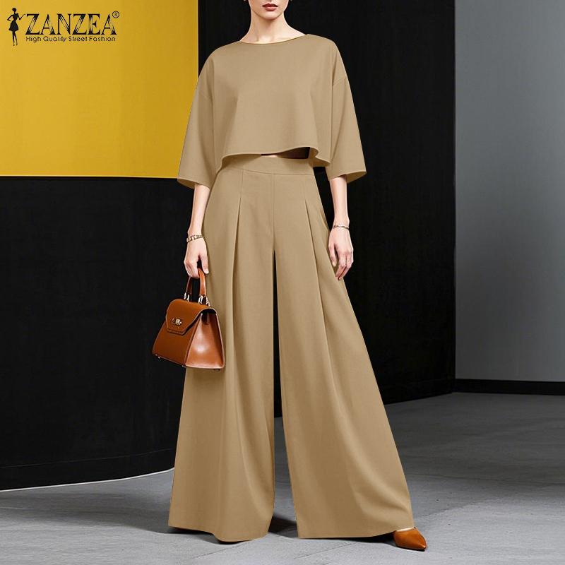 ZANZEA Женская блузка с рукавом 3/4 и широкие брюки, повседневный комплект из двух предметов