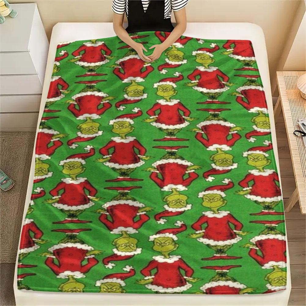 Christmas Grinch Cartoon printing Flannel Blanket Bedroom Sofa Camping Warm blanket Gifts for family and friends-MJ019