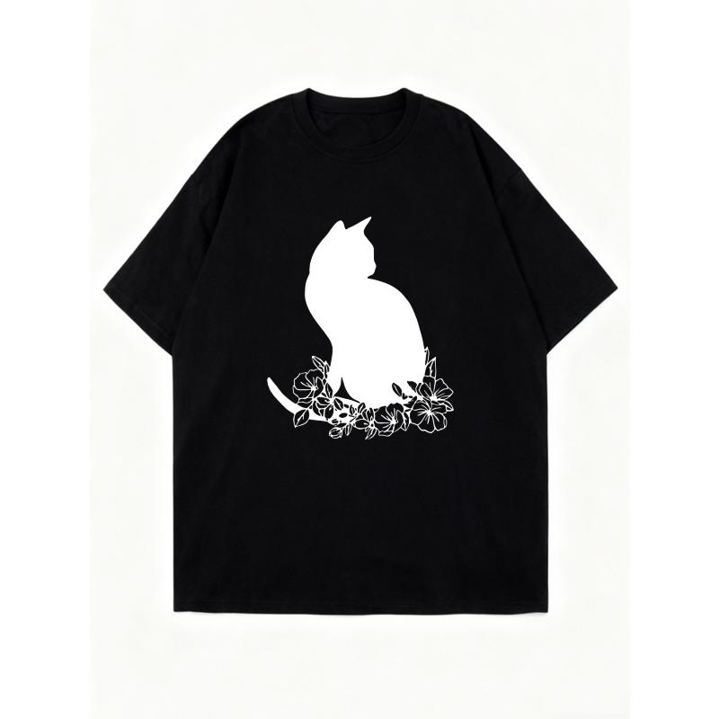 Футболка оверсайз с принтом черного кота и цветов, повседневная одежда для женщин, летний наряд, уличная мода, топ