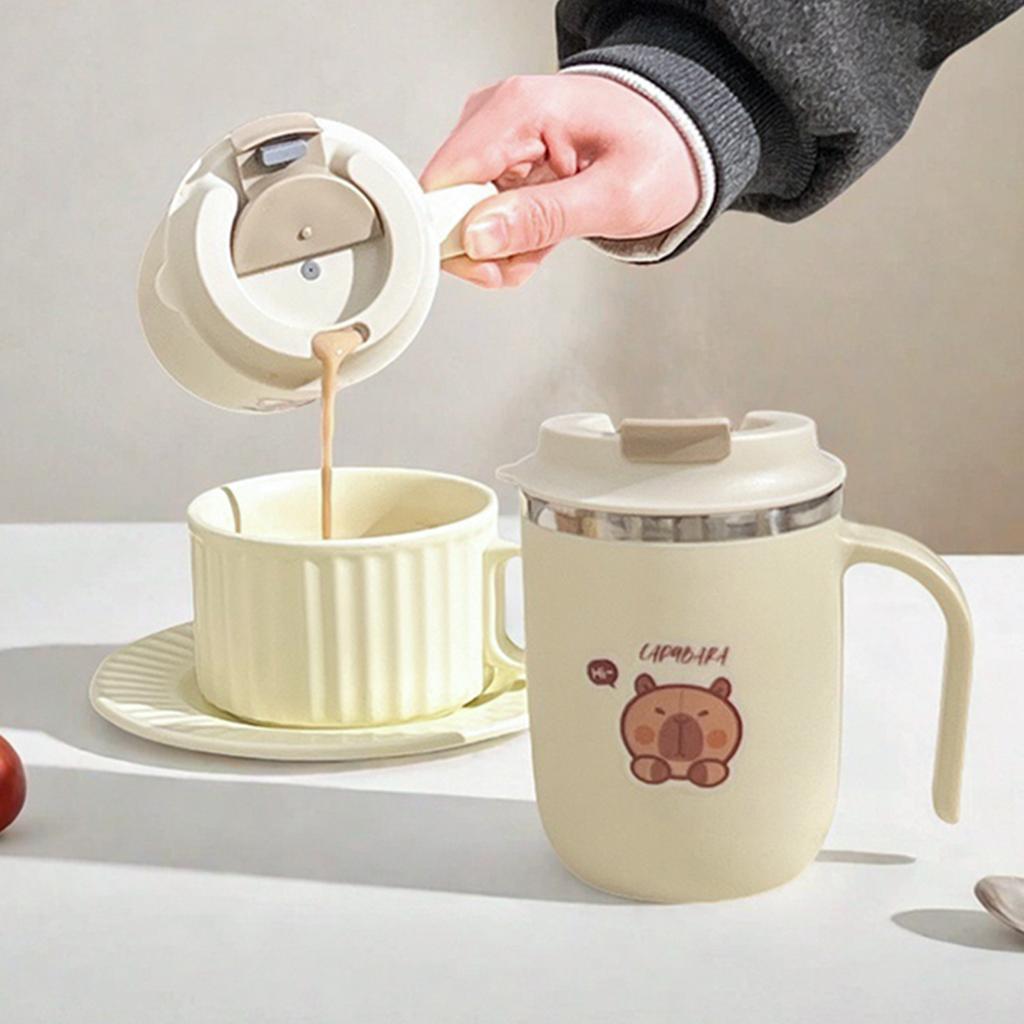 Переносная кружка для кофе Capybara с трубочкой и ручкой из нержавеющей стали 304, герметичная чашка для воды с двойными стенками, многоразовая чашка для питья