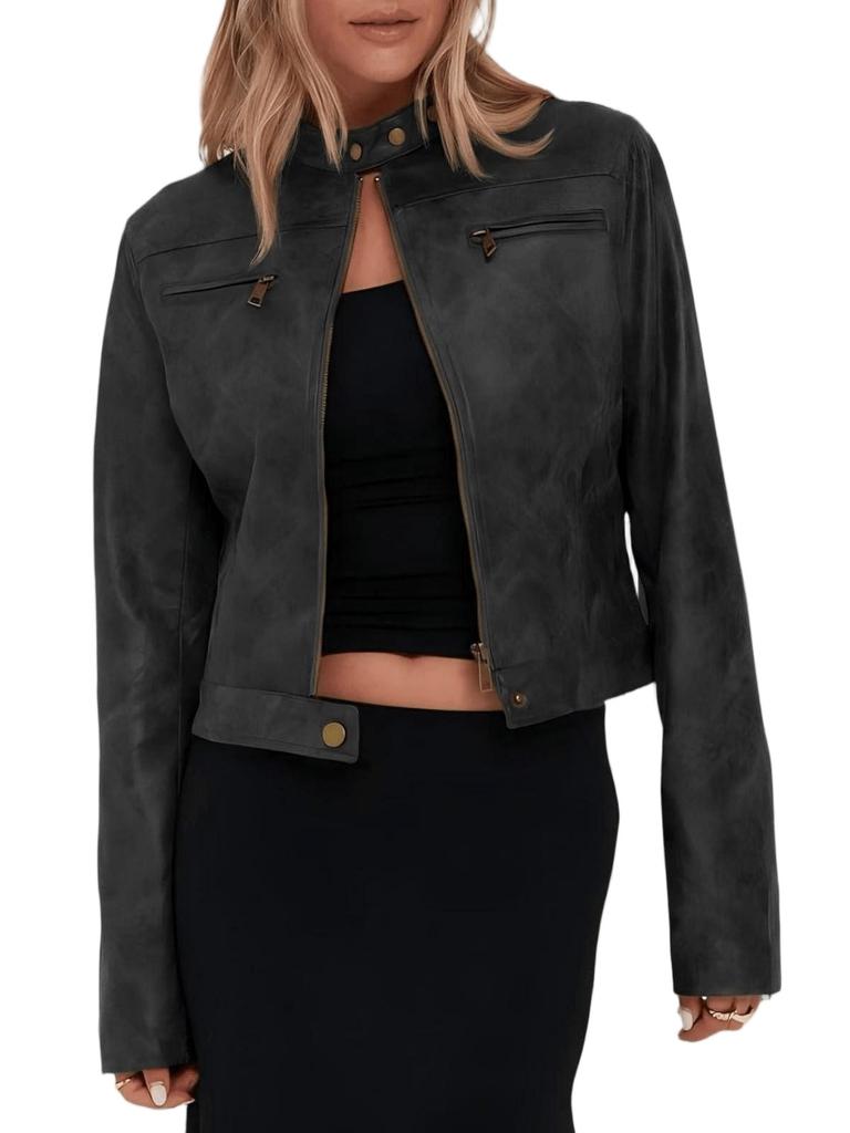 Women's Vintage Faux Leather Cropped Moto Jacket Zip Up Stand Collar Casual Short Biker Coat