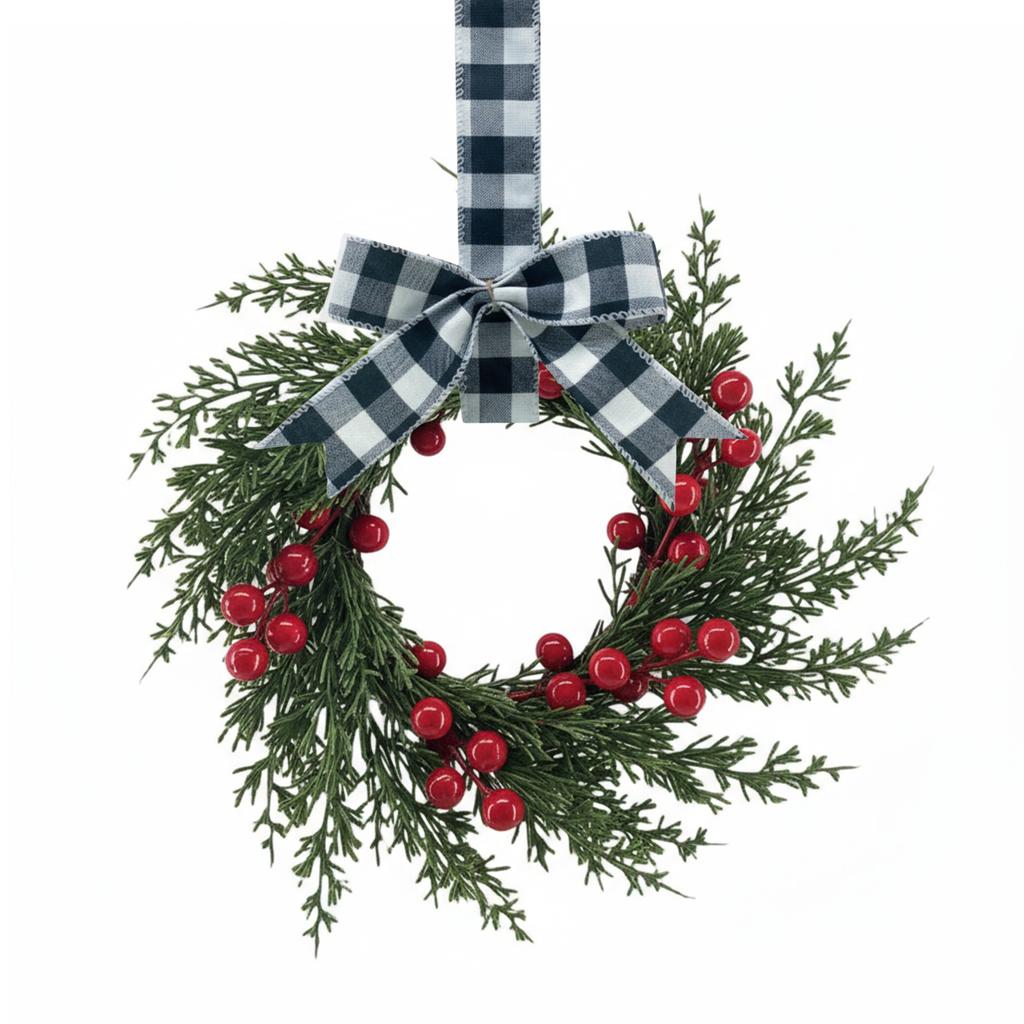 10 Inch Mini Christmas Wreaths Kitchen Cabinet Small Xmas Wreath with Bow Ribbon for Window Door Chair Fireplace Hanging Decor