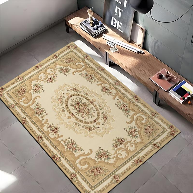 Elegant Floral Patterned Beige Rug Non-slip rug suitable for living room and bedroom sofas.