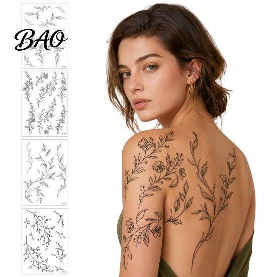 Removable Tattoo Transfers 1 Sheet Temporary Stickers, Waterproof Flowers Leaves Tattoos, Hypoallergenic Tattoos Fake Arm Shoulder Legs Back