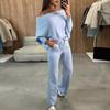 2 Pcs/Set Women Top Pants Set Off Shoulder Long Bat Sleeves