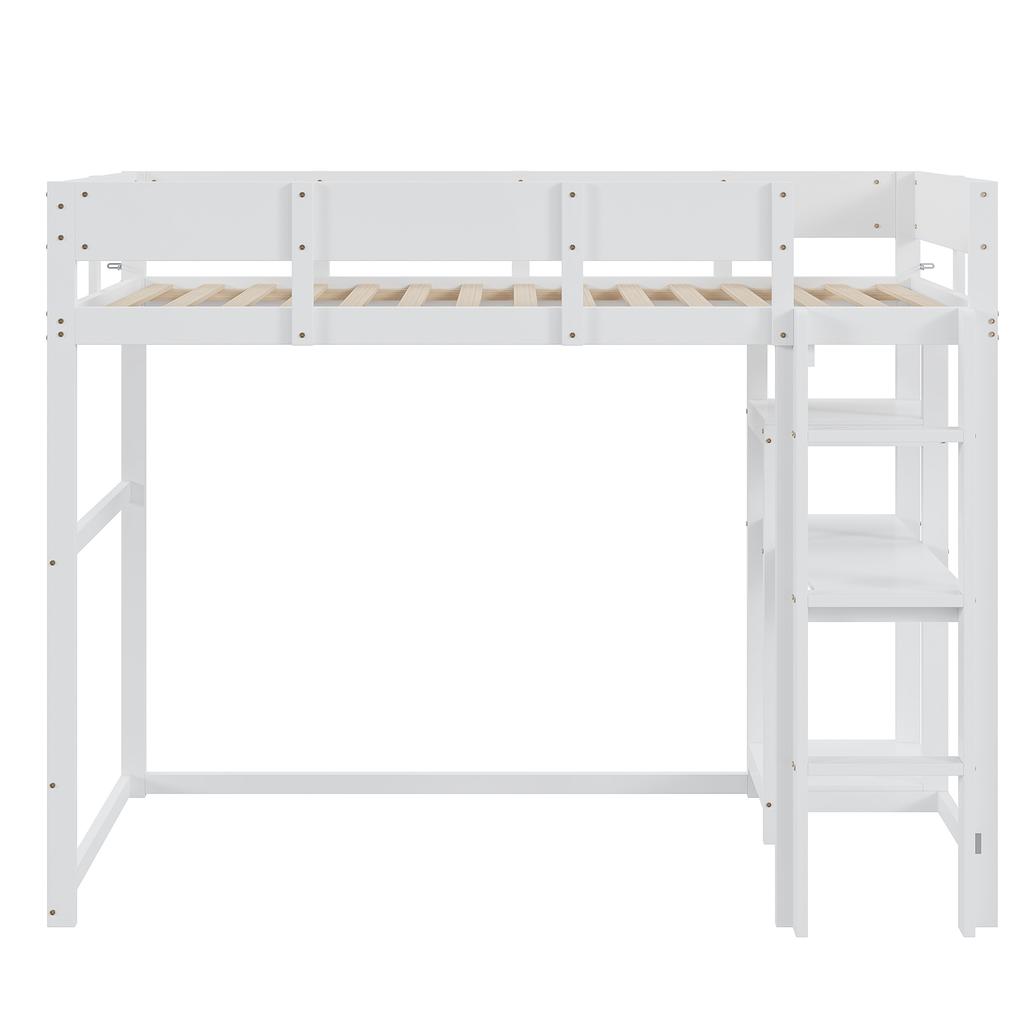 Loft Bed with Shelf 90 x 200 cm, Bed Frame Made of Solid Pine Wood with Slatted Frame, Bed for Children and Teenagers White