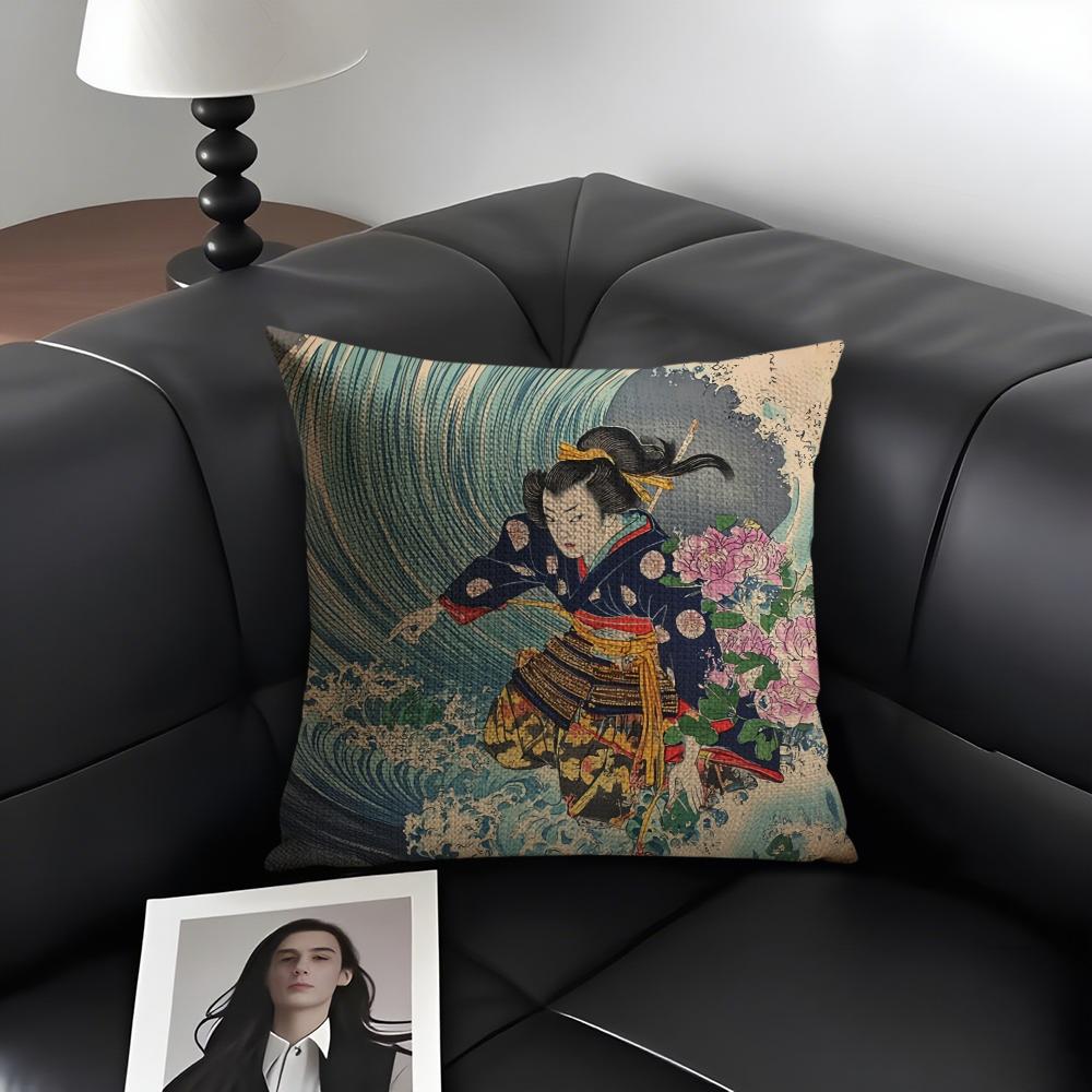 Japanese Ocean Day Cushion Cover Natural Linen Organic Fabric DoubleSided Printing Sofa Home Decor Gift Pillow Case