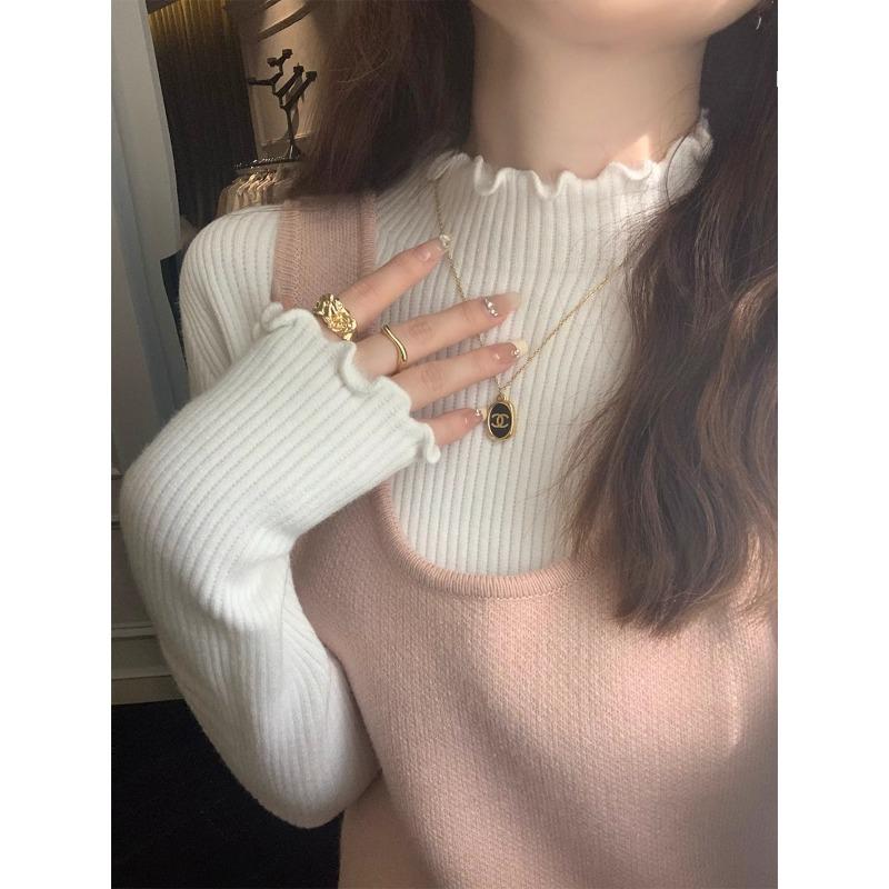 Fleece and Thickened Integrated Fleece Knitted Bottoming Shirt Women's Fungus Edge Semi-turtleneck Sweater Autumn and Winter Long-sleeved Inner Top