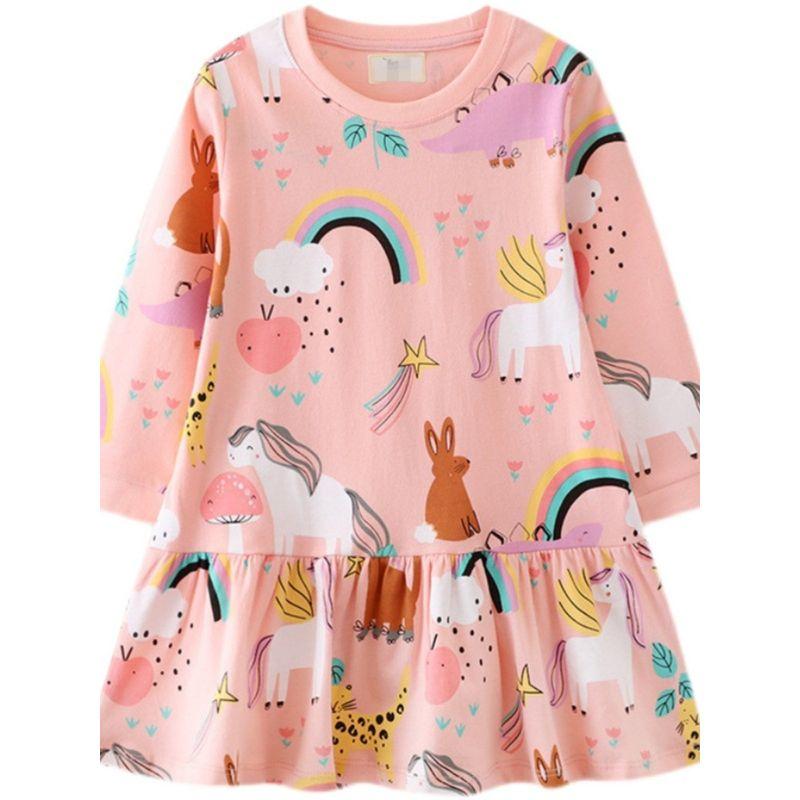 Foreign Trade Children's Clothing Pink Unicorn Girls' Dress Autum New Style Kidsren's Pure Cotton Long-Sleeved Princess Dress for Babies