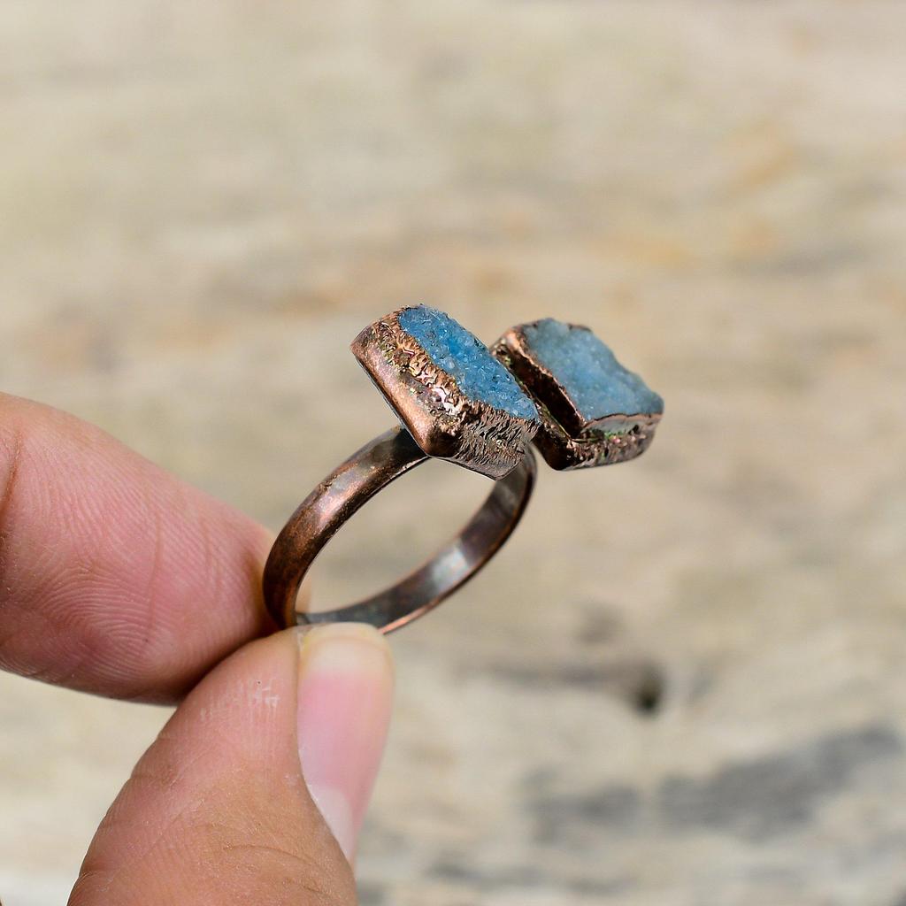 Кольцо с синими друзами, медное кольцо, изготовленное электроформованием, регулируемое кольцо, ювелирные изделия с синими друзами, кольца ручной работы с настоящими драгоценными камнями, подарок для него, ювелирные изделия, изготовленные методом гальванопластики