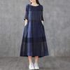 Women Cotton Linen Dresses Vintage Plaid Half Sleeve Midi Vestidos Casual O Neck Long Sundress Holiday Pocket Robes