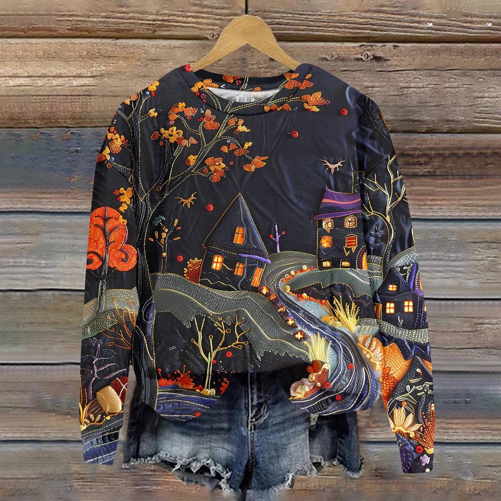 Ladies Fashion Casual Long Sleeve Halloween Printed Round Neck Hoodie Top