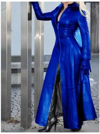Women's Long PU Leather Coat Zip Up Stand Collar Slim Fit Long Sleeve Maxi Jacket Oversized Winter Streetwear