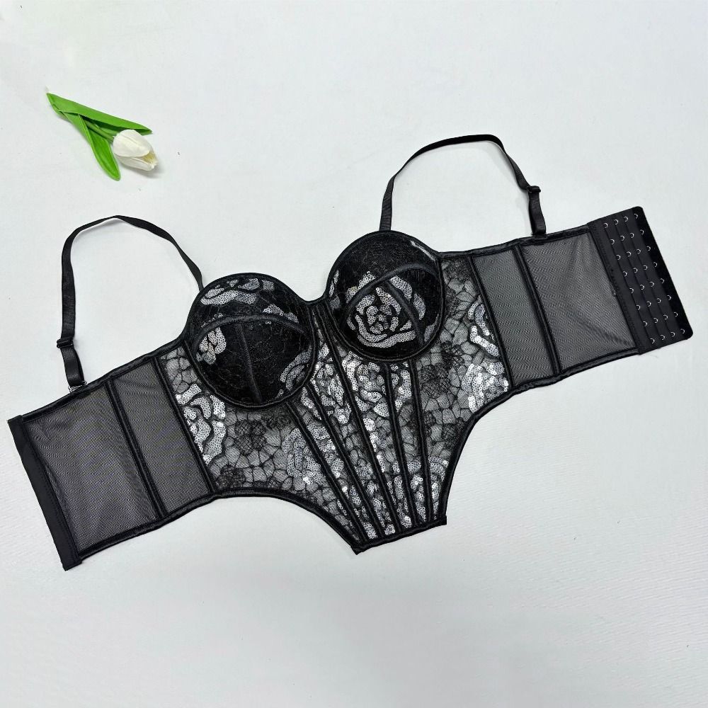 Transparent Lace Sequin Camisole Hollow Suspender Vest Elastic Lace Sequin Corset Ladies