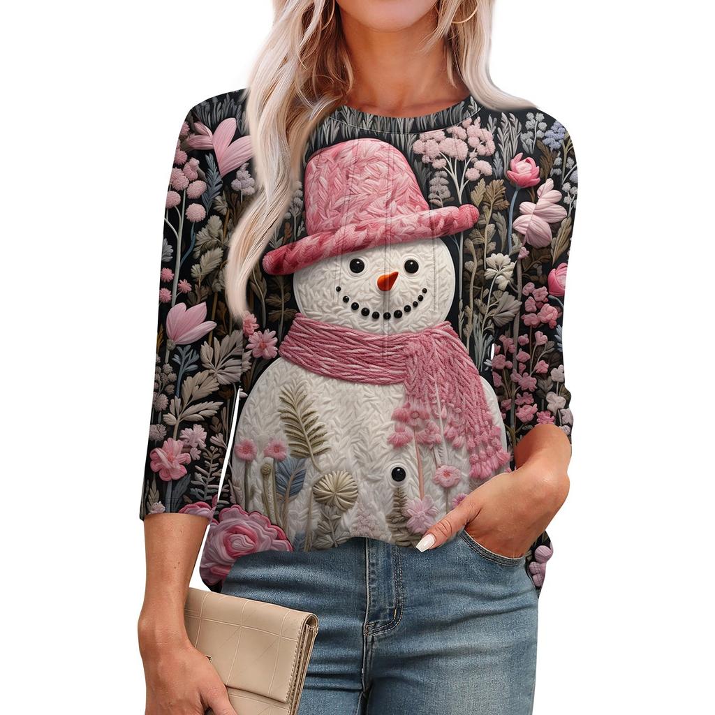 Женская модная футболка с круглым вырезом и рукавом 3/4 с принтом, повседневная, базовая, плиссированная, пуловер