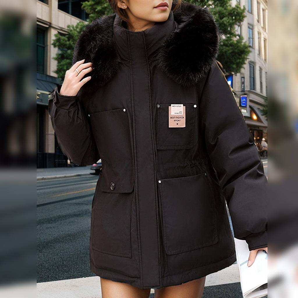 Women's Fashionable Skinny Plush Collar Zipper Hooded Winter Warm Cotton Coat Down Jacket