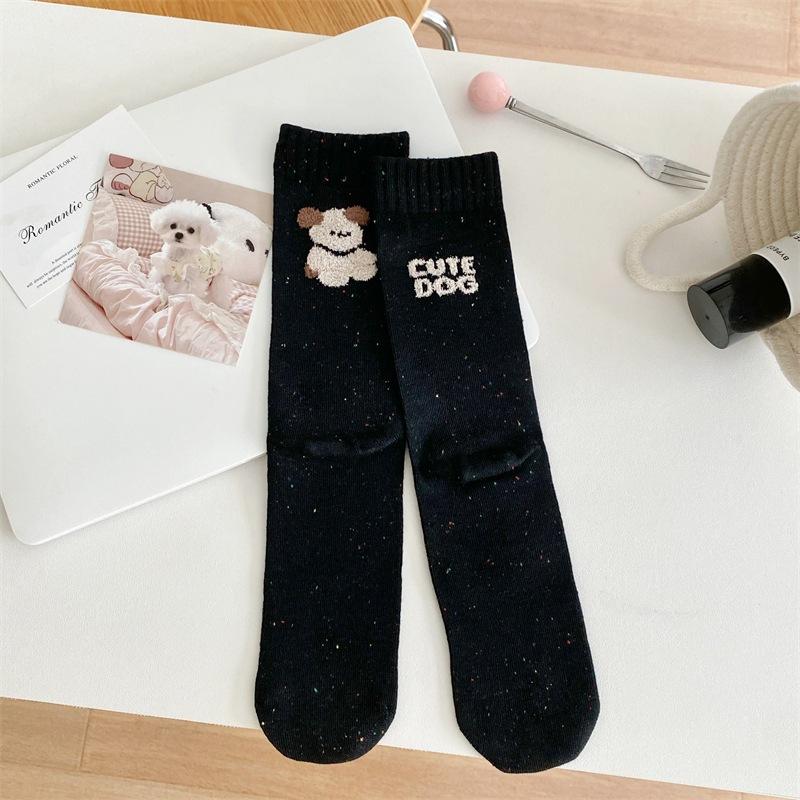 Cartoon Animal AB Letter Flocked Socks, Women's Dot Yarn Pile Socks, Pure Cotton Mid-calf Socks