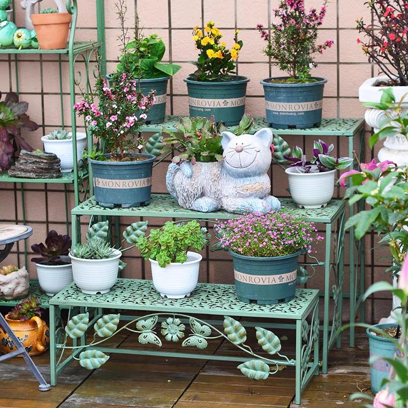 American Pastoral Wrought Iron Multi-Tier Floor Stand for Flower Pots