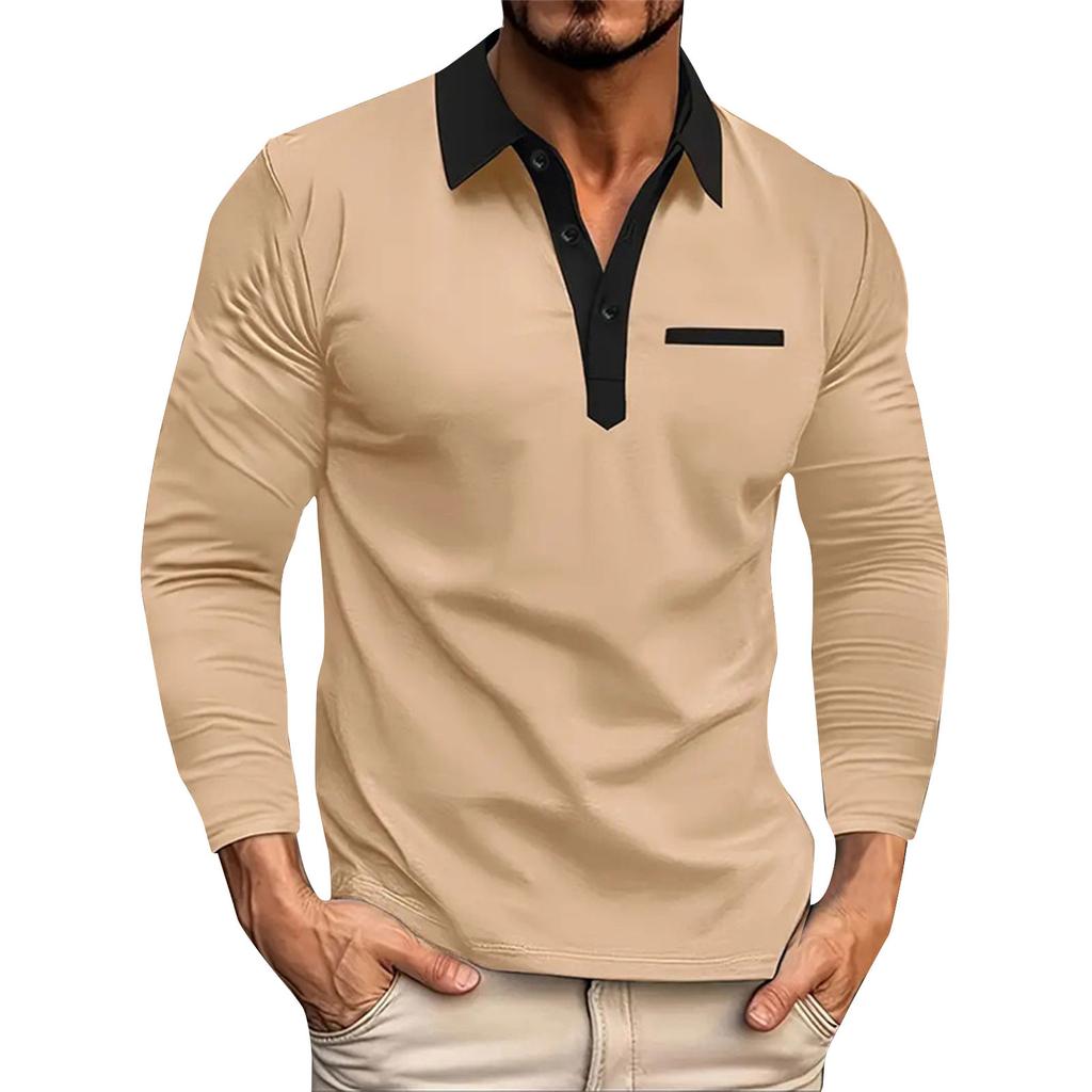 Men'S Collar Splicing Long Sleeved Fashionable Fake Pocket Top T-Shirt