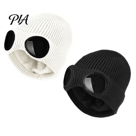Warm Hat for Most Head Sizes 2Pcs Fleece Lined Hats with Goggles, Winter Knit Casual Accessory Outdoor Activities Hats, Windproof Skiing Caps