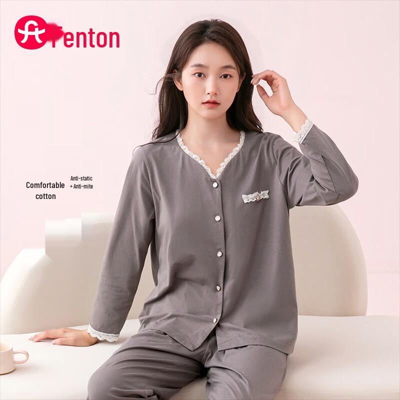 Fenteng Women's 100% Cotton Long-Sleeve V-Neck Pajama Set
