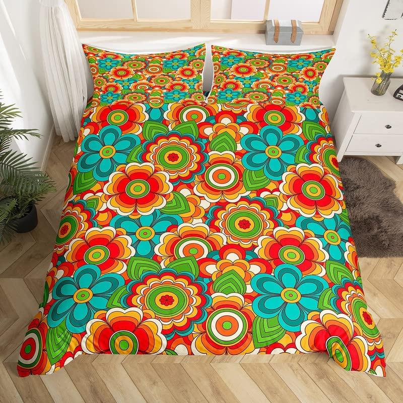 Retro 70s Hippie Style Duvet Cover Queen Microfiber Psychedelic Mushroom Bedding Set Room Decor Gifts Rainbow Floral Quilt Cover