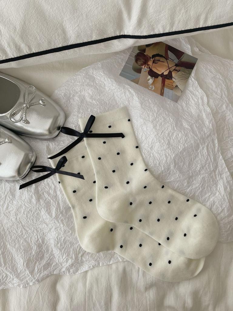 Socks Casual Lazy And Versatile Lace Mid-Tube Socks Tie Bows Polka Dot Layered With Piles Of Cotton Socks