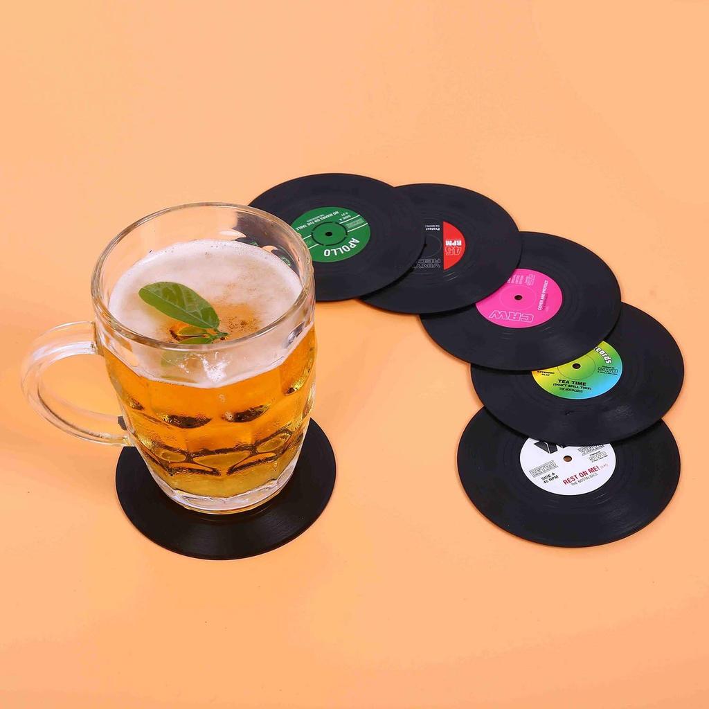 Coasters for Drinks with Gift Box - Set of 6 Colorful Retro Vinyl Record Disk Coasters with Funny Labels-Prevent Furniture from Dirty and