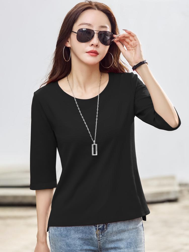 Summer T Shirt Women Cotton O-Neck Streetwear Tshirt Short Sleeve Solid Color Three Quarter Sleeve Tee Shirt Femme Sexy