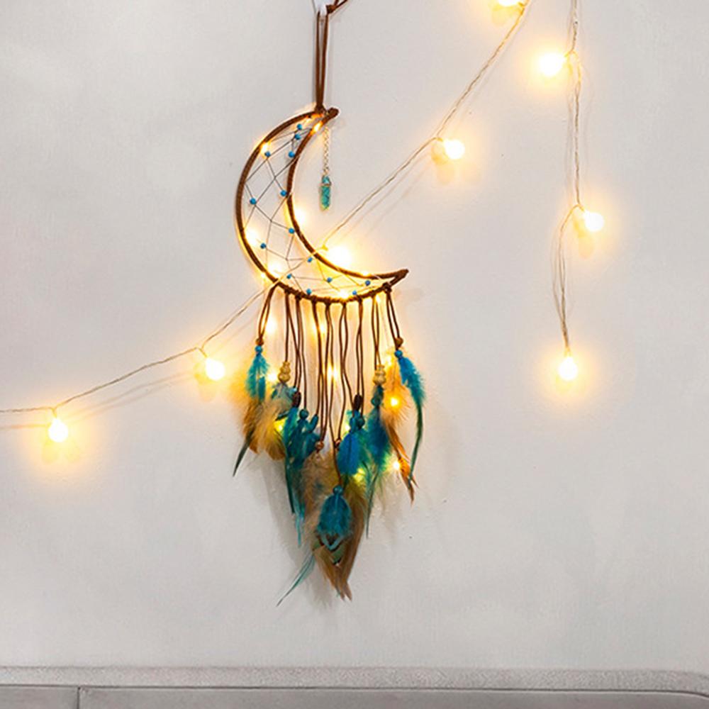 Energy Stone Pendant Feather Dream Catcher Hanging Decor Home Wall Ornament with LED Light Strip