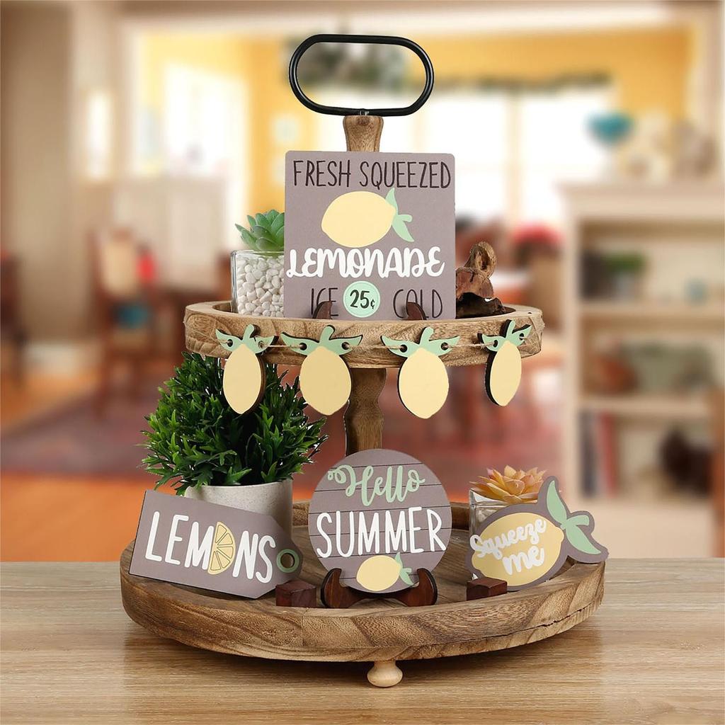 Lemon Tiered Tray Decoration Wooden Spring Summer Kitchen Table Decoration Yellow Lemon Wood Sign Table Centerpiece For Home Party Decoration