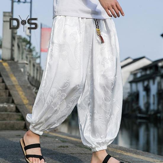 Мужские брюки-фонарики в стиле хиппи в стиле бохо, мешковатые брюки с принтом дракона, свободные мягкие дышащие шаровары с полосками на щиколотке, длинные брюки для йоги