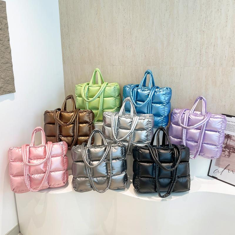 Fashion Lightweight Women Shiny Puffer Tote Bag Female Quilted Padded Soft Shoulder Bag Luxury Puffy Handbags for Winter
