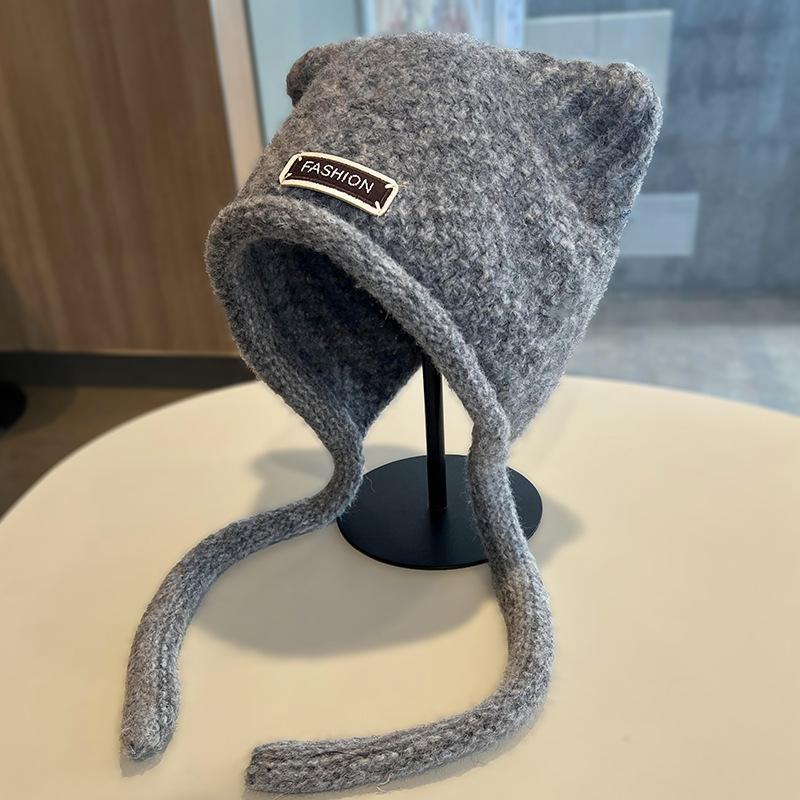 Autumn and Winter Knitted Hats for Girls Cute Ears Big Head Circumference Woolen Hat Warm Ear Protection Face Shaping Small Toe Cap
