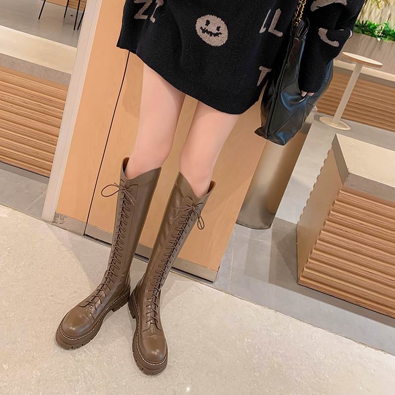 Krazing Pot Осенне-зимняя обувь из натуральной кожи, конные сапоги на среднем каблуке в европейском дизайне, женские теплые сапоги до бедра