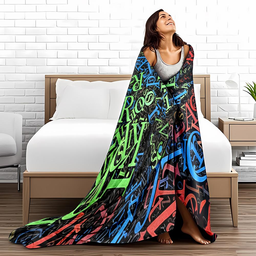 Colorful Alphabet Pattern blanket with Vibrant Letters on Black Background blanket, suitable for use in the bedroom, living room, on the sofa