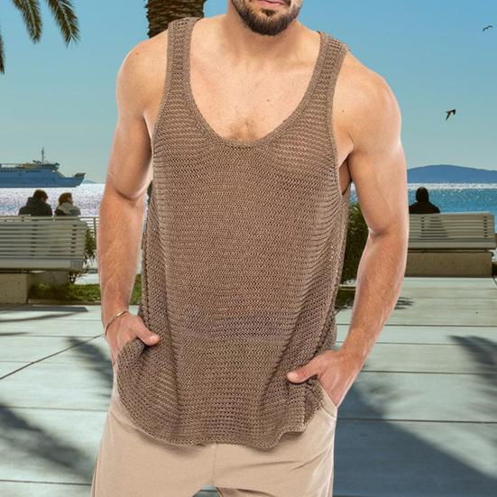 Men Summer Knitted Tops O-neck Sleeveless Solid Color Loose Fit Pullover Tops Stretchy Vest Streetwear