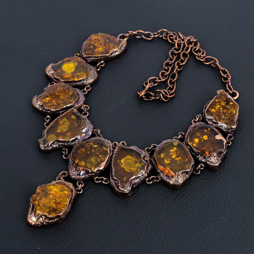 Baltic Amber Necklace Gemstone Jewelry, Copper Electroformed Adjustable Chain Necklace, Gift For Women Handmade Necklace