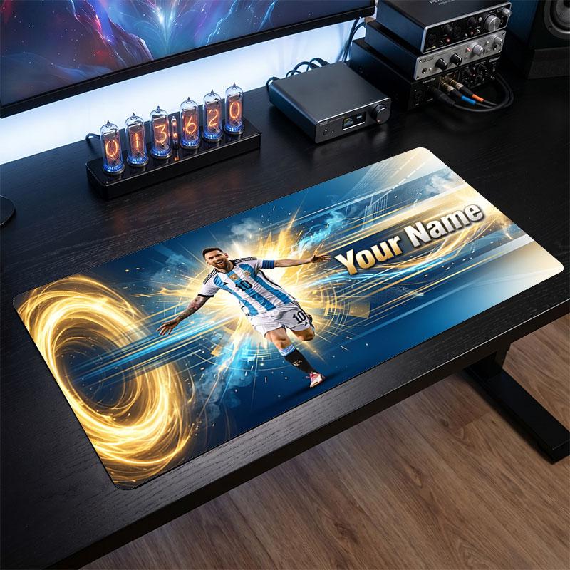 Lionel Messi Custom Large Mouse Pad, Personalized Name Text Print, Football Logo Non‑Slip Desk Mat Gaming Gift