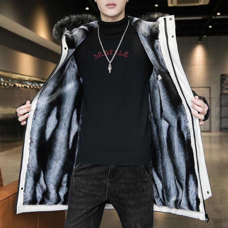 Мужская куртка средней длины с хлопковой подкладкой, плюшевый и утолщенный воротник из большой шерсти, преодолевающий тренд, красивая хлопковая подкладочная куртка с капюшоном для мужчин, зимняя