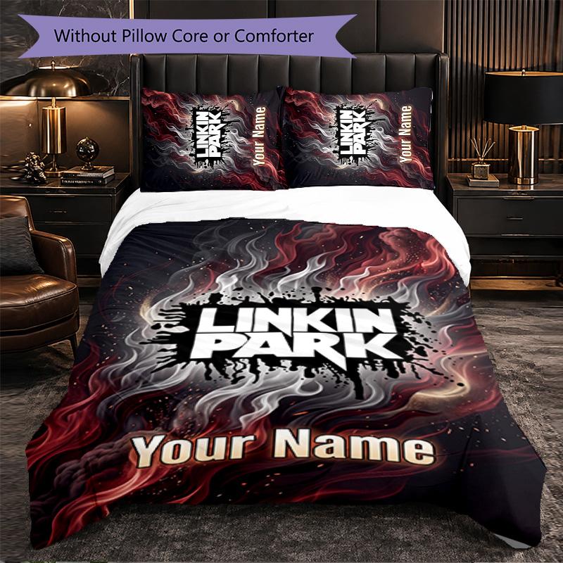 Linkin Park Customized Name Text Bedding Set, 1 Duvet Cover & 2 Pillowcases Personalized Bedroom Gift