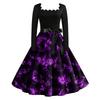 Women's Vintage Long Sleeve Square Neck Halloween Print Party Dress with Flared Skirt and Waist Tie for Evening Events