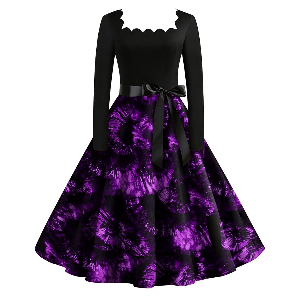 Women's Vintage Long Sleeve Square Neck Halloween Print Party Dress with Flared Skirt and Waist Tie for Evening Events