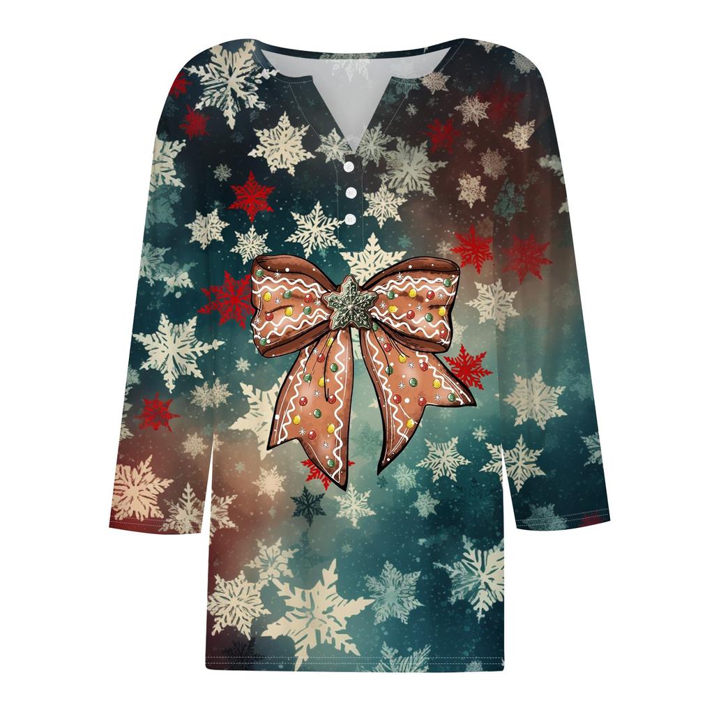 Женская рубашка с рукавом семь дюймов, напечатанная в стиле ретро, повседневная, свободная, с V-образным вырезом, рождественская