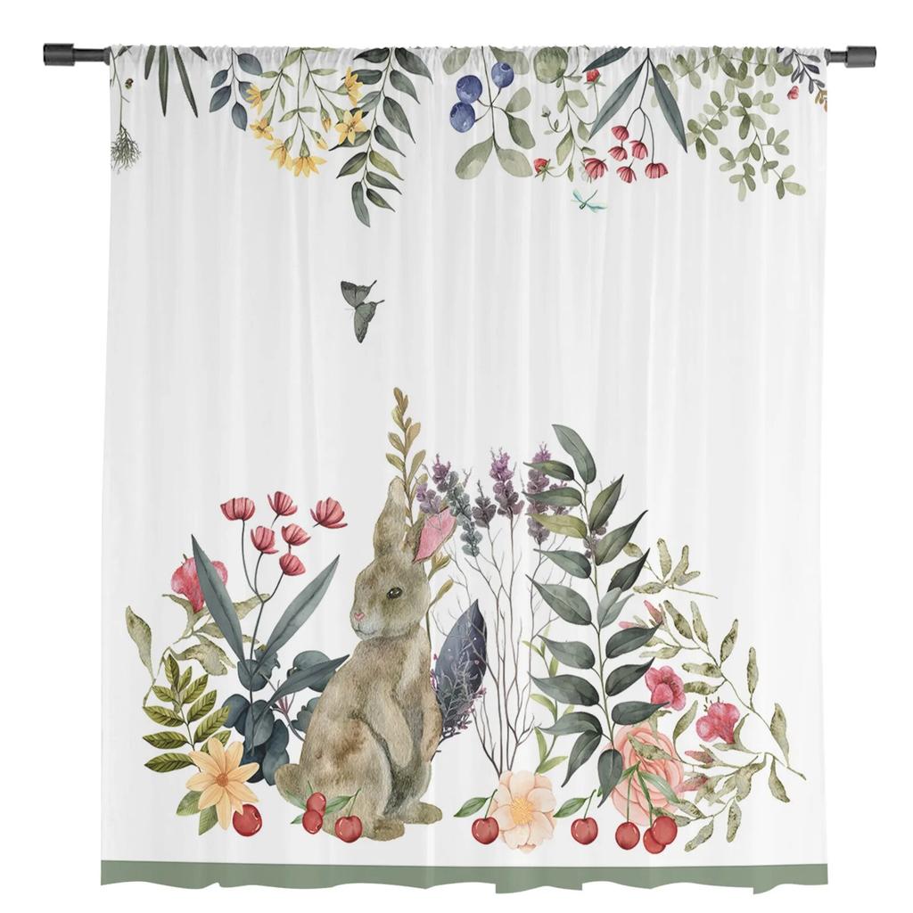 Watercolor Animal Rabbits Flower Plant Sheer Curtains For Living Room Kitchen Window Curtains Bedroom Tulle Voile Curtains
