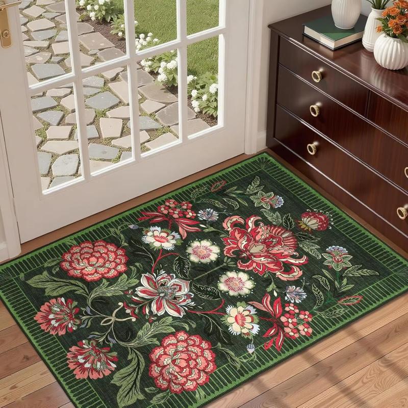 VIKAMA Dark Base Vintage Red Floral Area Rug Non Slip Washable Large Floor Mat for Front Entrance Living Room Farmhouse Home Dec
